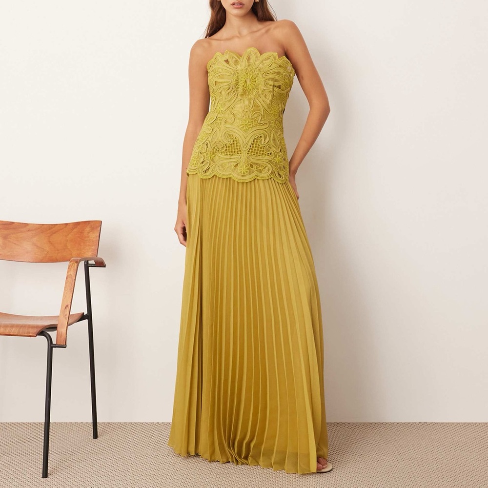 ARRANGE abstract cutwork bandeau maxi dress with pleated skirt in olive green